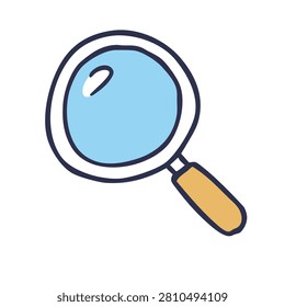 A simple hand drawn style doodle of a magnifying glass with a light blue lens and a yellow handle on a white background
