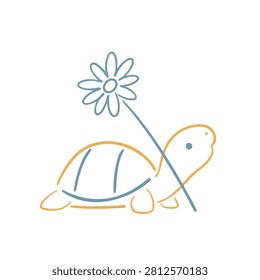 A simple hand drawn style graphic featuring a small turtle with an orange shell and blue outline holding a delicate daisy flower in a whimsical design