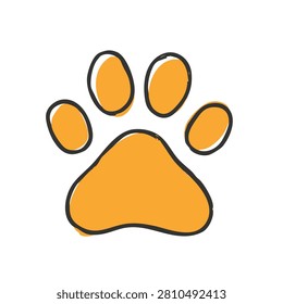 A simple hand drawn style icon of a dog or cat paw print with a bold orange fill and dark outline isolated on white background