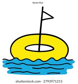 A simple hand drawn style illustration of a bright yellow life preserver floating on wavy blue water with a small flag pole sticking out of the center.
