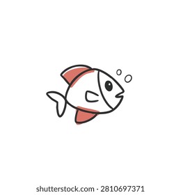 A simple hand drawn style illustration of a small fish with bubbles in orange and white colors isolated on a white background