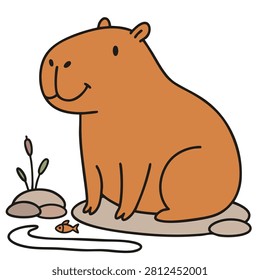 A simple hand drawn style illustration of a friendly brown capybara resting on a rock with a small fish nearby.