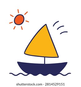 A simple hand drawn style illustration of a small blue boat with a yellow triangular sail floating on waves under a bright orange sun.