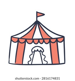 A simple hand drawn style illustration of a colorful circus tent featuring orange stripes and a small flag on top