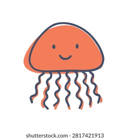 A simple hand drawn style illustration of a friendly orange jellyfish with a smiling face and long wavy tentacles isolated on a white background