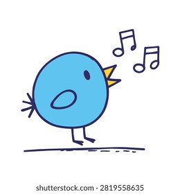 A simple hand drawn style illustration of a small blue bird with a yellow beak chirping with musical notes