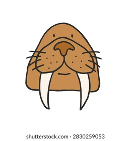 A simple hand drawn style illustration of a friendly walrus face with long tusks isolated on a white background