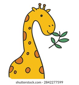 A simple hand drawn style illustration of a yellow giraffe with orange spots holding a green branch with leaves in its mouth isolated on a white background