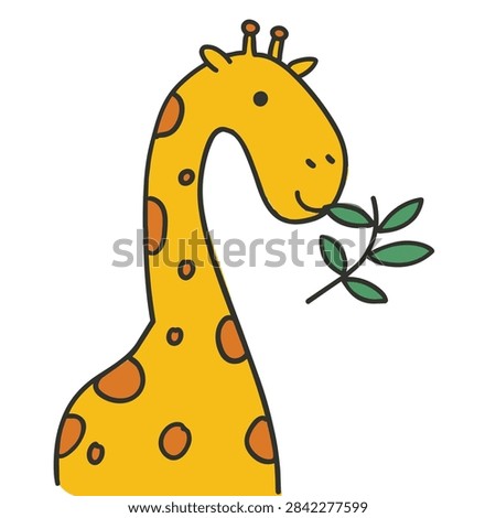 A simple hand drawn style illustration of a yellow giraffe with orange spots holding a green branch with leaves in its mouth isolated on a white background