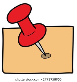 A simple hand drawn style vector illustration of a bright red thumbtack pinned into a beige piece of paper against a plain white background