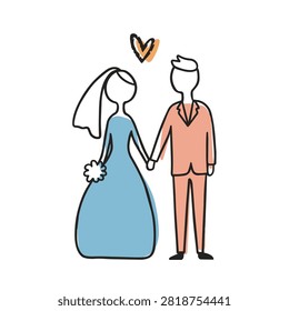 A simple hand drawn style vector illustration of a wedding couple standing together holding hands with a small heart above them