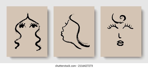 Simple hand drawn texture line continuous face. Ink Brush drawing in the style of Abstractionism. Trinity abstract concept. Vector Illustration Clipart.
