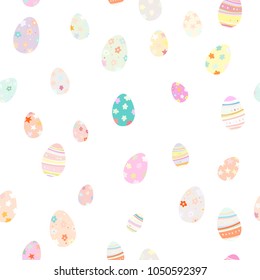 Simple hand drawn tile pattern with decorated Easter eggs on white background.