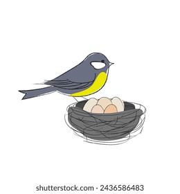 Simple hand drawn titmouse bird with a nest full of eggs springtime, vector illustration