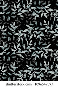 Simple Hand Drawn Tree Branches Seamless Vector Pattern. Gray and Blue Tree Twigs on a Black Background. Sketched Floral Repeatable Layout. Elegant Dark Floral Vector Design ideal for Fabric.