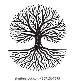 simple Hand drawn tree with roots flat vector illustration linocut

