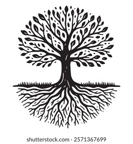 simple Hand drawn tree with roots flat vector illustration linocut

