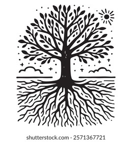 simple Hand drawn tree with roots flat vector illustration linocut

