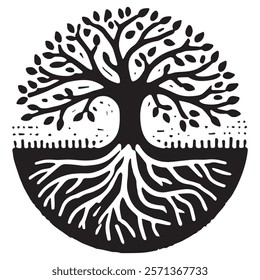 simple Hand drawn tree with roots flat vector illustration linocut

