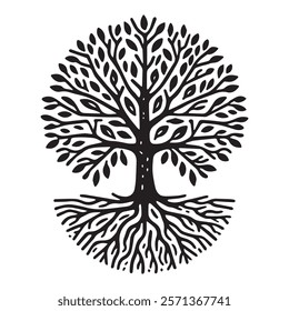 simple Hand drawn tree with roots flat vector illustration linocut


