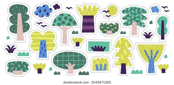 Simple dibujado a mano árbol, arbusto y arbusto, bosque y plantas tropicales jardín pegatinas aisladas conjunto. Bosque, parque o naturaleza exótica Elementos de paisaje etiqueta pegajosa Ilustración vectorial gráfica infantil