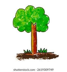 Simple hand drawn Tree Vector with green leaves and brown trunk, drawing with crayon coloring