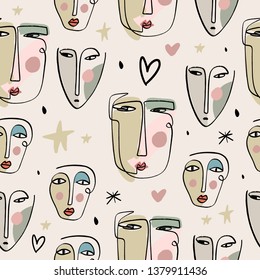 Simple hand drawn trendy line portrait art. Seamless pattern. Print for clothes, textile and other. Vector illustration