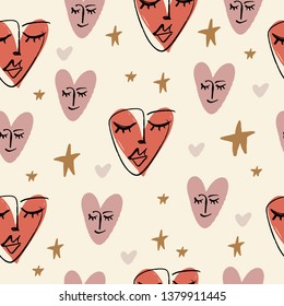 Simple hand drawn trendy line portrait art. Seamless pattern. Print for clothes, textile and other. Vector illustration