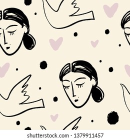 Simple hand drawn trendy line portrait art. Seamless pattern. Print for clothes, textile and other. Vector illustration