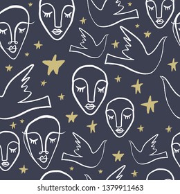 Simple hand drawn trendy line portrait art. Seamless pattern. Print for clothes, textile and other. Vector illustration