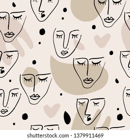 Simple hand drawn trendy line portrait art. Seamless pattern. Print for clothes, textile and other. Vector illustration