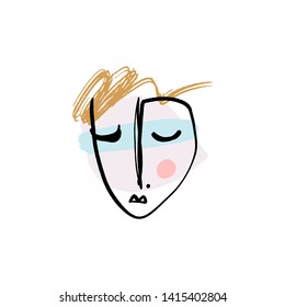 Simple hand drawn trendy line drawing face. Abstract print for clothes, textile and other. Vector illustration EPS