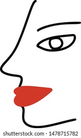 Simple hand drawn trendy line portrait in profile art. Woman with red lips. Minimalist art, print for clothes, textiles etc. Vector illustration