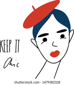 Simple hand drawn trendy line portrait art. Keep it chic hand lettering. Print for clothes, textile and other. Vector illustration, EPS