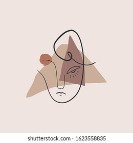 Simple hand drawn trendy line art fashionable human portrait. Modern abstraction. Color print for wall art, textile and other. Vector illustration. Clipart image.