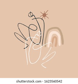 Simple hand drawn trendy line art fashionable human portrait. Modern abstraction. Color print for wall art, textile and other. Vector illustration. Clipart image.