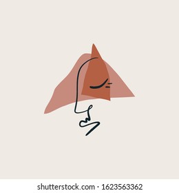 Simple hand drawn trendy line art fashionable human portrait. Modern abstraction. Color print for wall art, textile and other. Vector illustration. Clipart image.