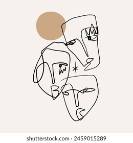 Retrato de línea de moda dibujado a mano simple. Abstractas composición minimalista. Estampado monocromo para ropa, textil y otros. Vector arte de ilustración de moda