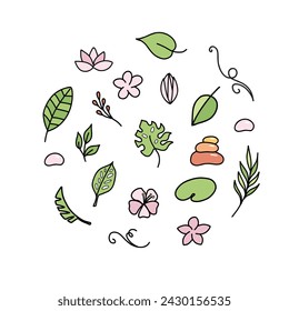 Simple hand drawn tropical colored floral vector design elements in doodle style. Set of leaves, flowers, branches and stones. For pattern, logo or decoration.