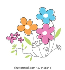 Simple hand drawn vector colorful spring flowers, white background, decoration elements.