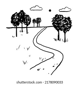 Simple hand drawn vector doodle drawing. Ink sketch. Road among nature. Path between trees