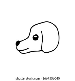 Simple hand drawn vector drawing in black outline. Cartoon doodle head of a dog in profile isolated on a white background. For labels, stickers, logo, veterinary, pet shop.