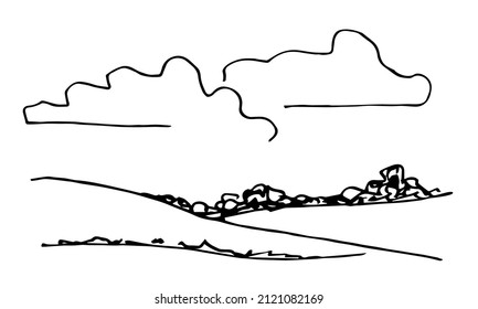 Simple hand drawn vector drawing in black outline. Ink sketch. Clouds in the sky, hill on the horizon, bushes, grass, wild landscape, nature. Country trip, tourism and travel.