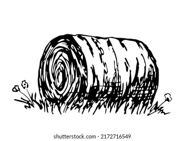 Simple hand drawn vector drawing in engraving style. Round haystack, straw, dry grass. Farm and ranch, livestock feed. Countryside, autumn fields, harvest. Sketch in ink.