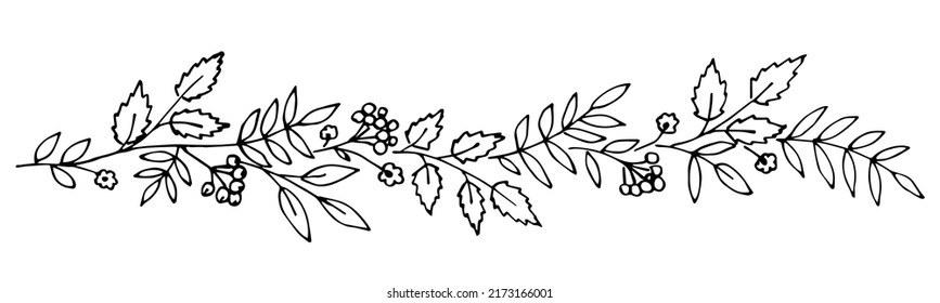 Dibujo simple de vector dibujado a mano en contorno negro. Larga pancarta floral, guirnalda de hojas y bayas de rowan, flores y ramas. Esbozo de tinta. Borde con ornamento horizontal. Diseño otoñal.