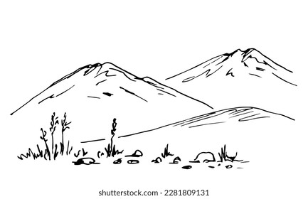 Dibujo simple de vector dibujado a mano en contorno negro. Paisaje montañoso, hierba seca, piedras, desierto, zona montañosa. Turismo, viajes y naturaleza. Esbozo de tinta.