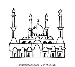 Simple hand drawn vector drawing with black outline. Muslim mosque, minarets and dome with a crescent. Islamic religion. Ink sketch.