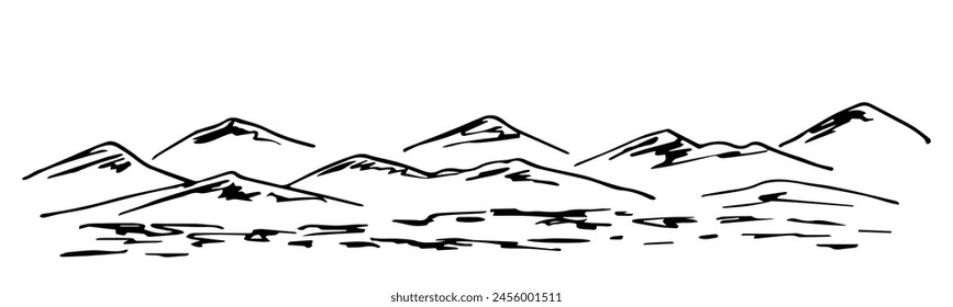 Simple hand drawn vector drawing with black outline. Panoramic view, mountain landscape, nature. Deserted, hilly area.