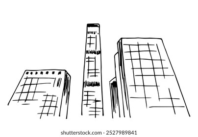 Desenho de vetor desenhado à mão simples com contorno preto, esboço de tinta. Perspectiva da paisagem urbana, arranha-céus de vidro, centro de negócios de escritório, prédios altos, torre.