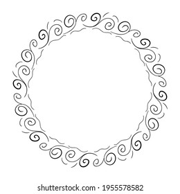 Simple Hand drawn vector frame isolated on white background. Black swirls curves decorated in circle 